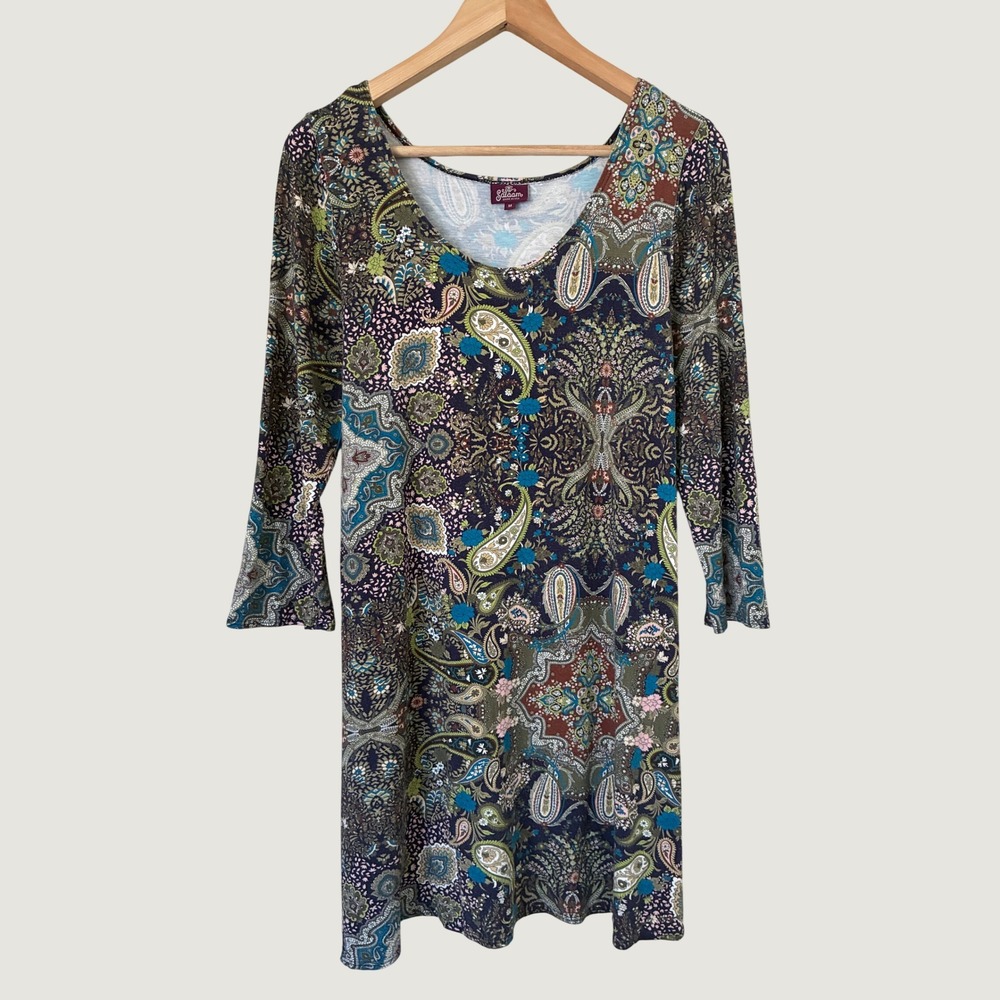 Salaam Paisley Print Mini Dress Womens Medium Navy Green Boho 3/4 Sleeve USA